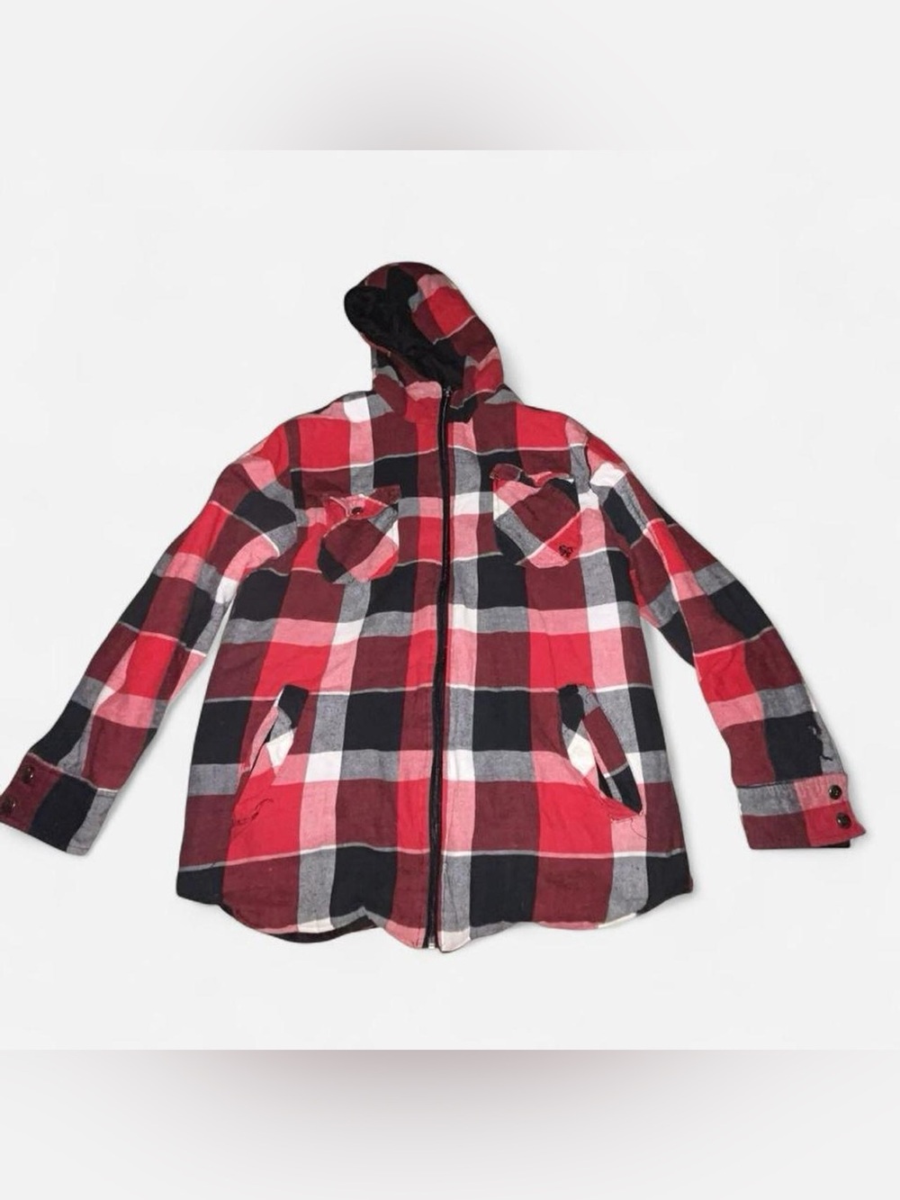 South Pole Red Black Plaid Hooded Jean Jacket